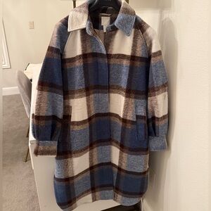H&M Women's Blue and Brown Plaid Teddy Jacket